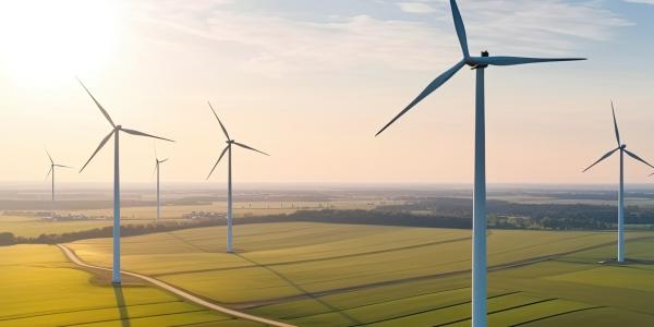Wind turbines with sunset in background