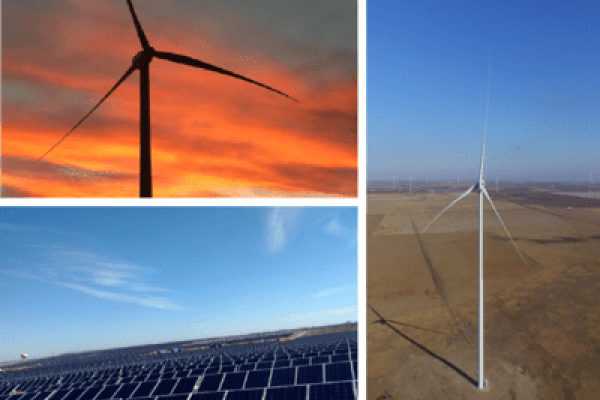 A collage of windmills and solar panels