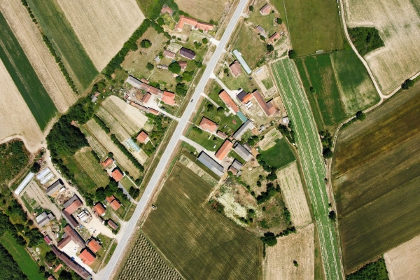 Aerial view of fields and houses
