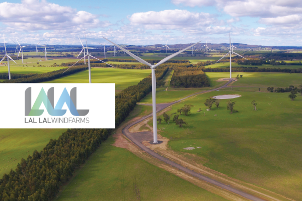 lal lal windfarms logo over photo of wind farm