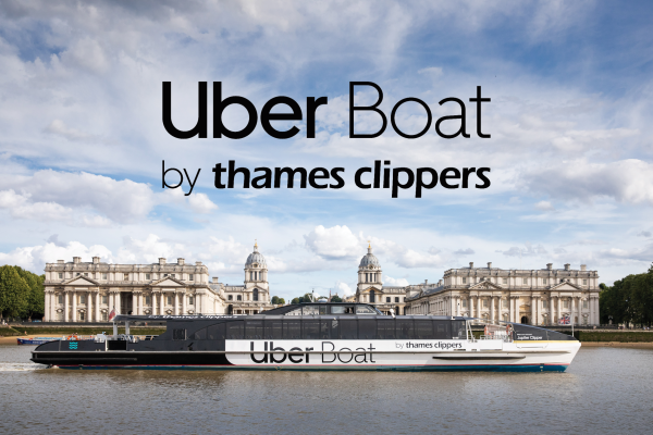 Thames Clippers logo over photo of boat
