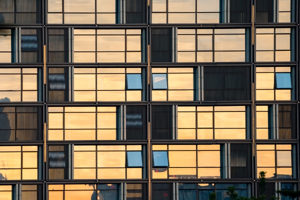 Yellow and blue glass building windows