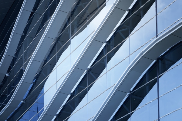 Angled railings on building with windows