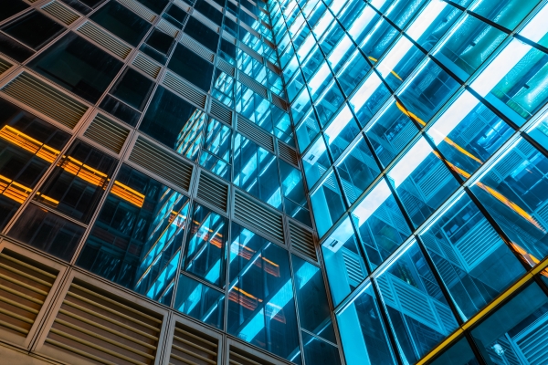 Blue and orange building windows