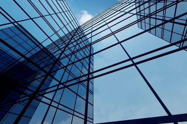 Blue building with angled windows