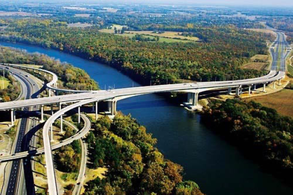 Ariel view of the Pocahontas Parkway with a large bridge going over a river