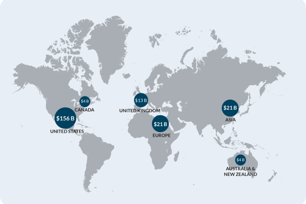 world map showing monies spent