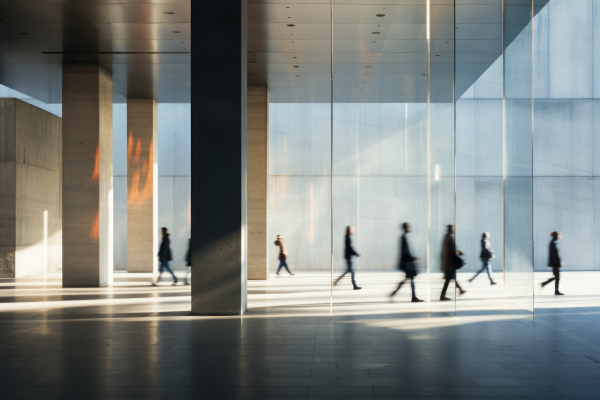 Business workers walking through building
