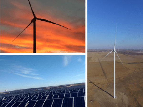 A collage of windmills and solar panels