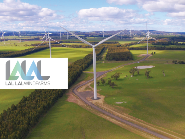 lal lal windfarms logo over photo of wind farm