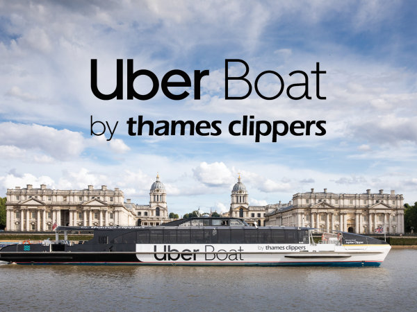 Thames Clippers logo over photo of boat