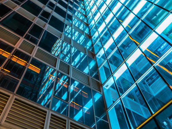 Blue and orange building windows