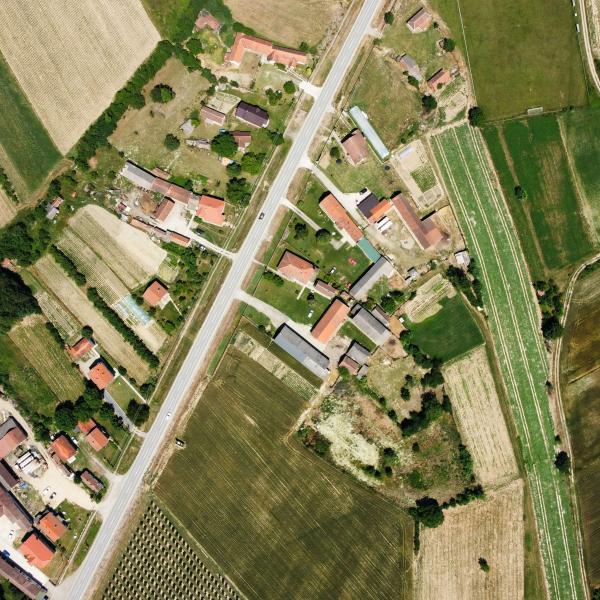 Aerial view of fields and houses