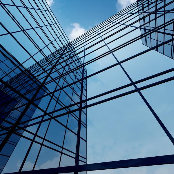 Blue building with angled windows